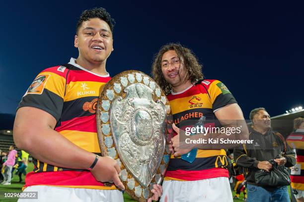 Sosaia Fale and Sekope Lopeti-Moli of Waikato pose with the Ranfurly Shield after the win in the round four Mitre 10 Cup Ranfurly Shield match...