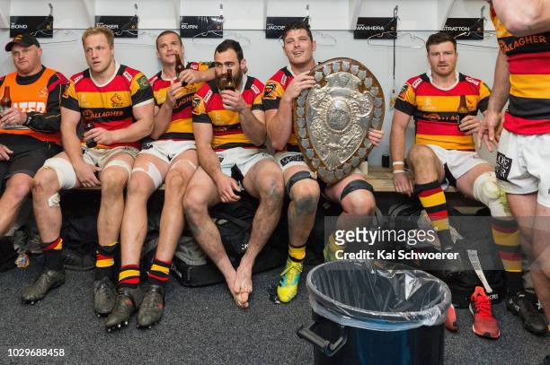 Jordan Manihera of Waikato poses with the Ranfurly Shield after the win in the round four Mitre 10 Cup Ranfurly Shield match between Taranaki and...