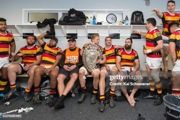 James Tucker of Waikato holds the Ranfurly Shield after the win in the round four Mitre 10 Cup Ranfurly Shield match between Taranaki and Waikato at...