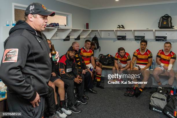 Head Coach Jono Gibbes of Waikato speaks to his player after their win in the round four Mitre 10 Cup Ranfurly Shield match between Taranaki and...