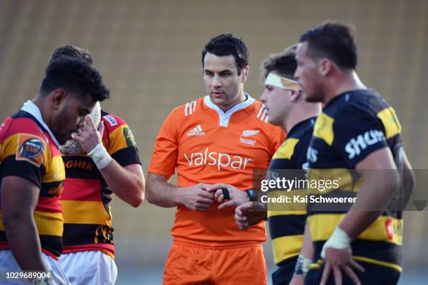 Referee Ben O'Keeffe looks on during the round four Mitre 10 Cup Ranfurly Shield match between Taranaki and Waikato at Yarrow Stadium on September 9,...