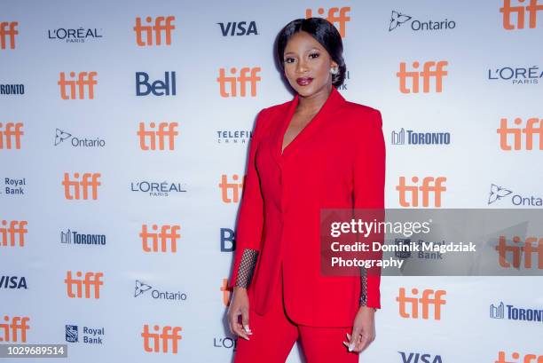 Nigerian actress Genevieve Nnaji attends the "Farming" red carpet premiere during the Toronto International Film Festival at Scotiabank Theatre on...