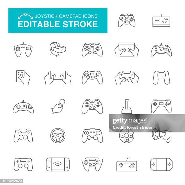 ilustraciones, imágenes clip art, dibujos animados e iconos de stock de joystick y gamepad línea editable iconos - gaming controller