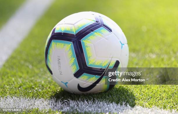 General view of the match ball during the Premier League match between Crystal Palace and Southampton FC at Selhurst Park on September 1, 2018 in...