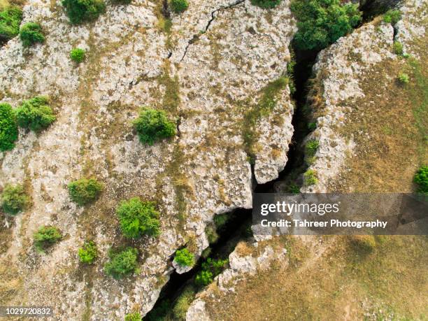 ariel image of crevasses caused by earthquakes - jordbävning bildbanksfoton och bilder