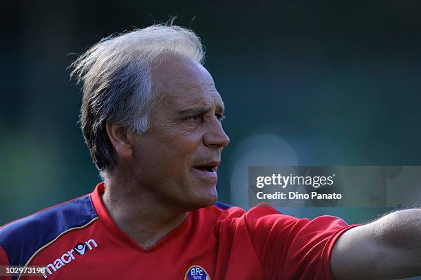 Head coach of Bologna Franco Colomba looks on during the pre season friendly match between Bologna and Rotaliana on July 18, 2010 in Andalo near...