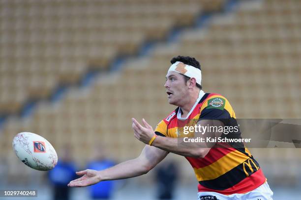 Jordan Manihera of Waikato passes the ball during the round four Mitre 10 Cup Ranfurly Shield match between Taranaki and Waikato at Yarrow Stadium on...