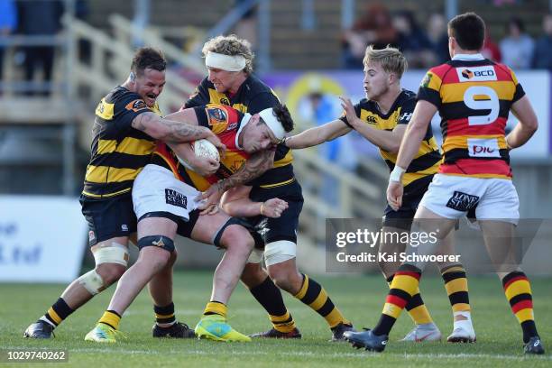 Jordan Manihera of Waikato is tackled during the round four Mitre 10 Cup Ranfurly Shield match between Taranaki and Waikato at Yarrow Stadium on...