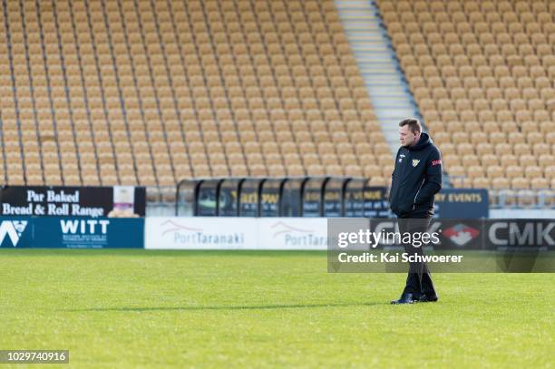 Head Coach Willie Rickards of Taranaki looks on prior to the round four Mitre 10 Cup Ranfurly Shield match between Taranaki and Waikato at Yarrow...