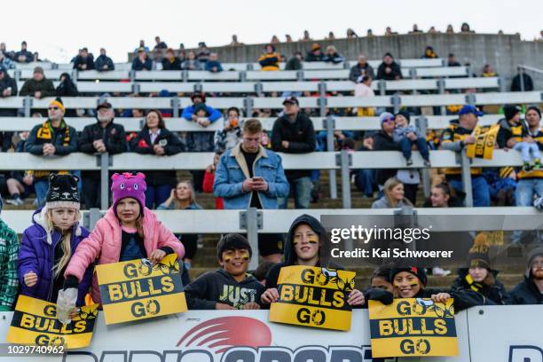 Taranaki fans show their support during the round four Mitre 10 Cup Ranfurly Shield match between Taranaki and Waikato at Yarrow Stadium on September...