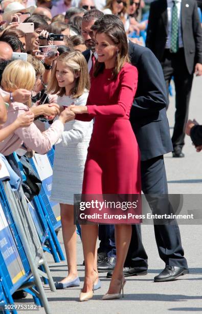 Queen Letizia of Spain and Princess Leonor of Spain attend the Centenary of the Catholic Coronation of the Virgin of Covadonga at Santa Cueva de...