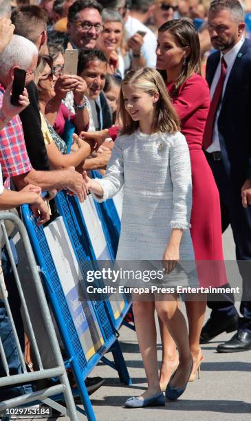 Queen Letizia of Spain and Princess Leonor of Spain attend the Centenary of the Catholic Coronation of the Virgin of Covadonga at Santa Cueva de...