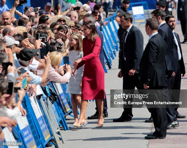 Queen Letizia of Spain and Princess Leonor of Spain attend the Centenary of the Catholic Coronation of the Virgin of Covadonga at Santa Cueva de...