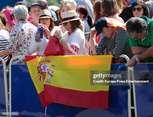 People waiting King Felipe VI of Spain, Queen Letizia of Spain, Princess Leonor of Spain and Princess Sofia of Spain during the Centenary of the...