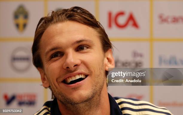 Head coach of Sweden National team Janne Andersson and footballer Albin Ekdal hold a press conference ahead of UEFA Nations League, Group 2 League B...