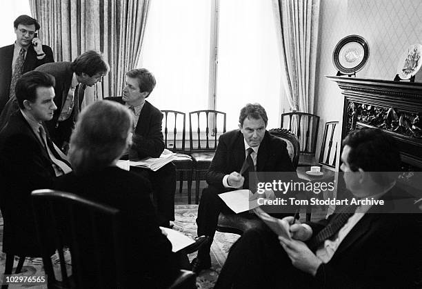 Tony Blair during the 1997 General Election campaign trail, alongside Gordon Brown, Peter Mandelson and Alastair Campbell. The future Prime Minister...