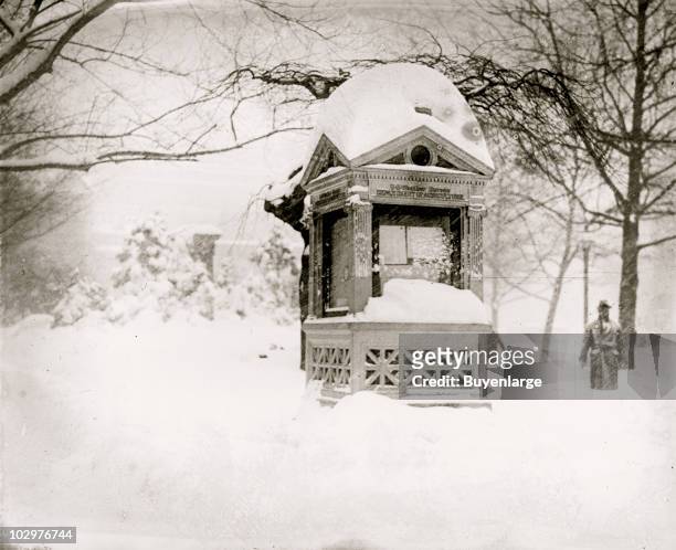 View of the snow-covered Department of Agriculture kiosk during the so-called Knickerbocker Storm, a blizzard that dropped 28 inches of snow on...