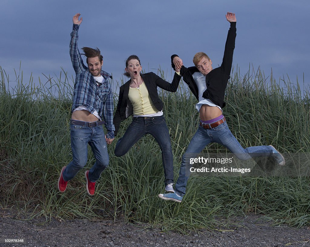 Friends holding hands jumping