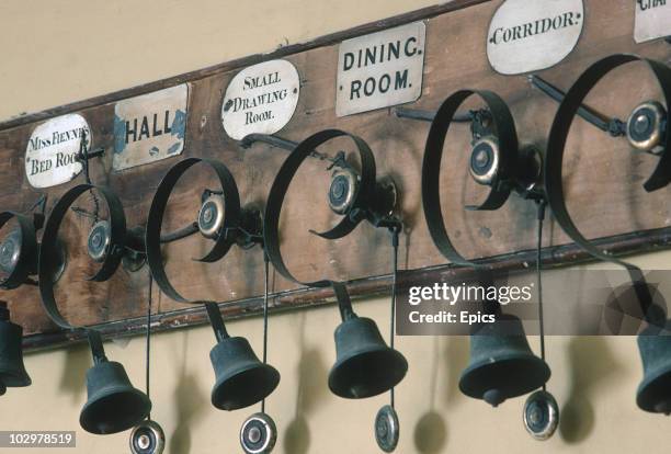 Servants bells in Broughton Castle, Banbury, November 1984. Broughton Castle is a moated 14th century manor house with Elizabethan additions.