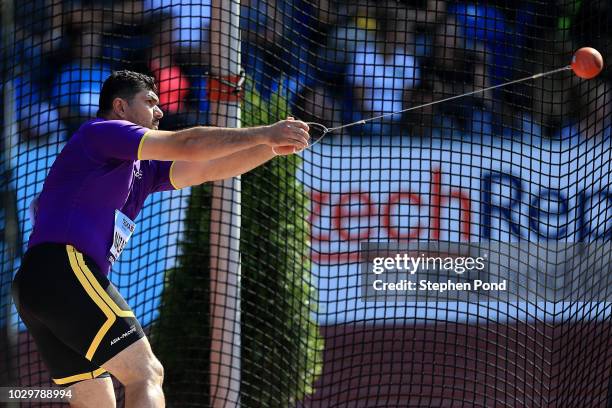 Dilshod Nazarov of Team Asia-Pacific competes in the Mens Hammer Throw during day two of the IAAF Continental Cup at Mestsky Stadium on September 9,...