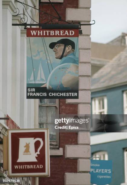 Sign for the 'Sir Francis Chichester' a Whitbread Public House in Plymouth, circa 1970.