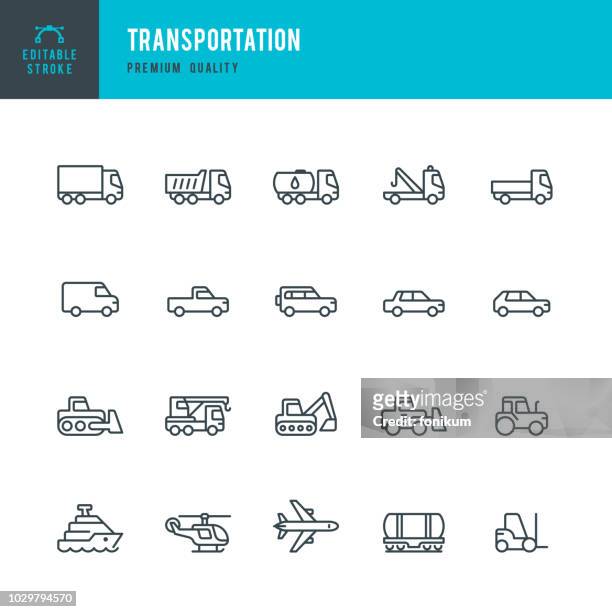 illustrazioni stock, clip art, cartoni animati e icone di tendenza di trasporto - set di icone vettoriali di linea - tipo di trasporto