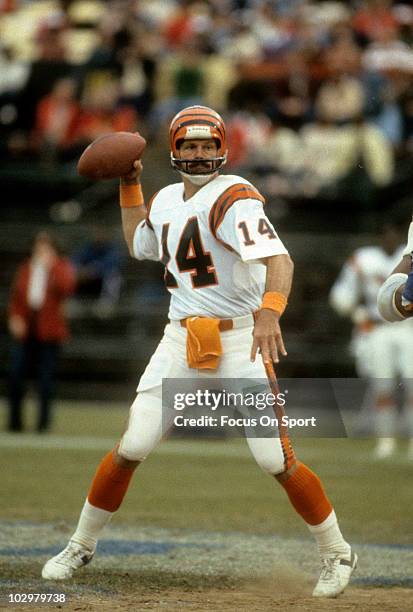 Quarterback Ken Anderson of the Cincinnati Bengals drops back to pass circa 1981 during an NFL football game. Anderson played for the Bengals from...