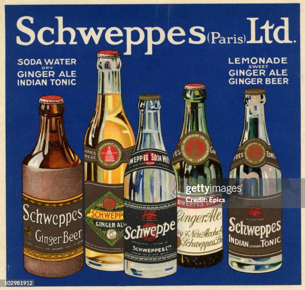 An advertising label showing bottles of assorted Schweppes drinks including Ginger Beer, Ginger Ale, Soda Water and Indian Tonic Water circa 1930.