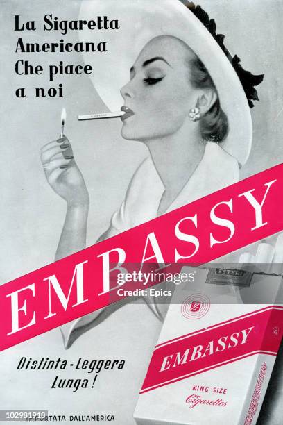 An Italian advert for American imported Embassy king size cigarettes shows a woman lighting a cigarette. The strap line reads 'distinta, leggera,...