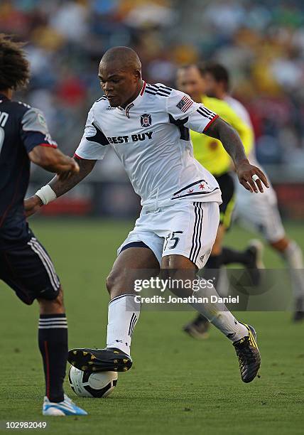 Collins John of the Chicago Fire controls the ball against the New England Revolution during a SuperLiga 2010 match at Toyota Park on July 17, 2010...