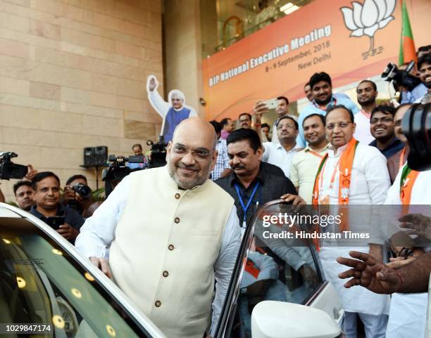 President Amit Shah leaves after BJP National Executive Meeting at Ambedkar Bhawan, on September 9, 2018 in New Delhi, India. The BJPs national...