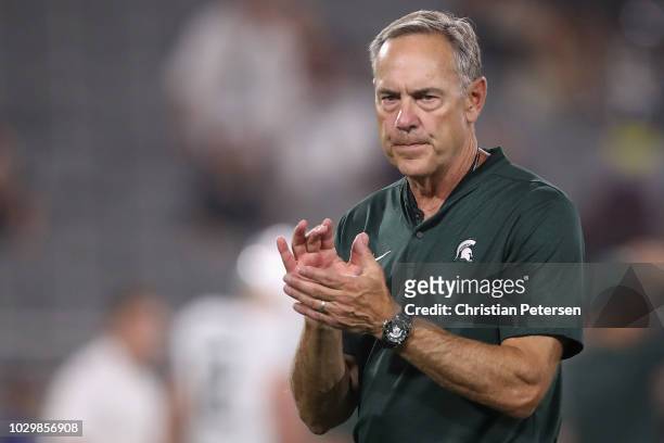 Head coach Mark Dantonio of the Michigan State Spartans reacts during warm ups to the college football game against the Arizona State Sun Devils at...
