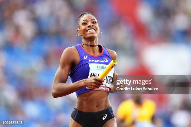 Shaunae Miller-Uibo of Team Americas celebrates victory following the Mixed 4x400 Metre Relay during day two of the IAAF Continental Cup at Mestsky...