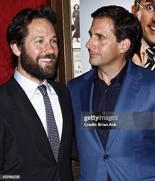 Actors Paul Rudd and Steve Carrell attend the "Dinner For Schmucks" premiere at the Ziegfeld Theatre on July 19, 2010 in New York City.