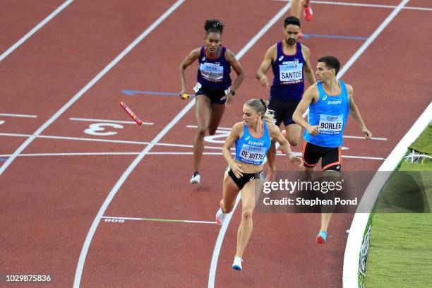 Lisanne De Witte loses the relay baton in the Mixed 4x400 Metre Relay during day two of the IAAF Continental Cup at Mestsky Stadium on September 9,...