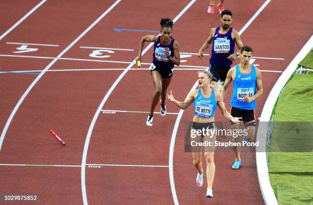 Lisanne De Witte loses the relay baton in the Mixed 4x400 Metre Relay during day two of the IAAF Continental Cup at Mestsky Stadium on September 9,...