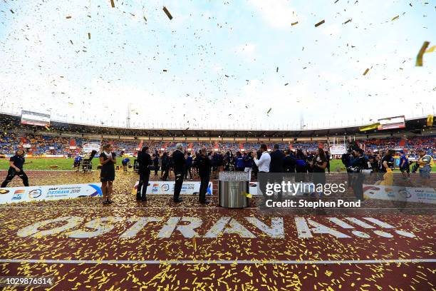 Confetti falls as Team Americas celebrate victory following day two of the IAAF Continental Cup at Mestsky Stadium on September 9, 2018 in Ostrava,...