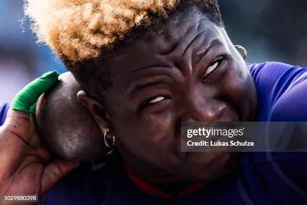 Raven Saunders of Team Americas competes in the Womens Shot Put during day two of the IAAF Continental Cup at Mestsky Stadium on September 9, 2018 in...