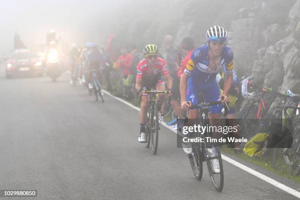 Enric Mas of Spain and Team Quick-Step Floors / Alejandro Valverde of Spain and Movistar Team Green Points Jersey / Simon Yates of Great Britain and...