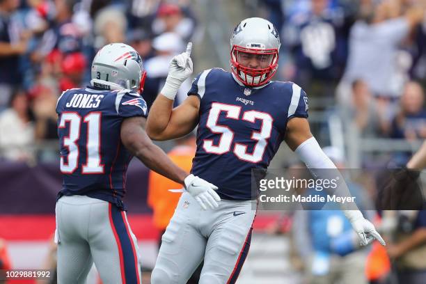 Kyle Van Noy of the New England Patriots celebrates after the Patriots recovered a fumble by Deshaun Watson of the Houston Texans during the first...