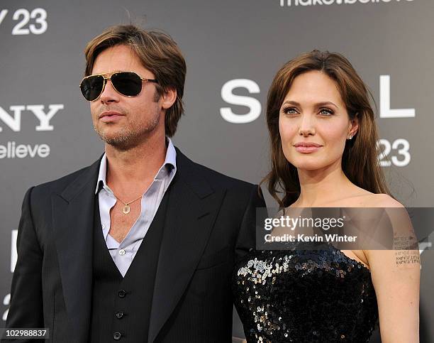 Actor Brad Pitt and actress Angelina Jolie arrive at the premiere of Sony Pictures' "Salt" at Grauman's Chinese Theatre on July 19, 2010 in...