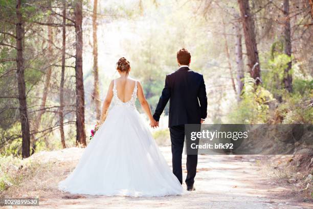 novios caminando en el camino. - newlywed fotografías e imágenes de stock