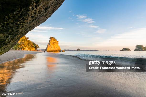 cathedral cove beach, new zealand. - cathedral cove stock pictures, royalty-free photos & images