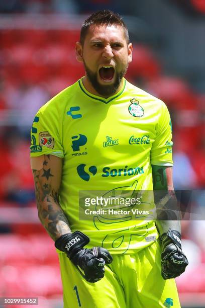 Jonathan Orozco of Santos Laguna celebrates the first goal of his team during the 8th round match between Toluca and Santos Laguna as part of the...