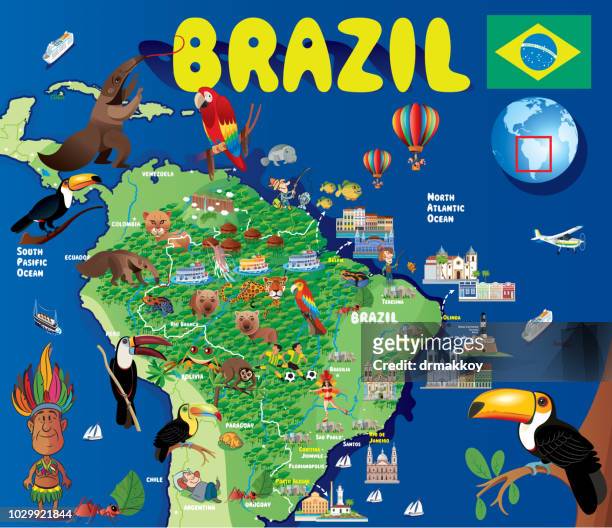 cartoon map of brazil - colombia travel stock illustrations