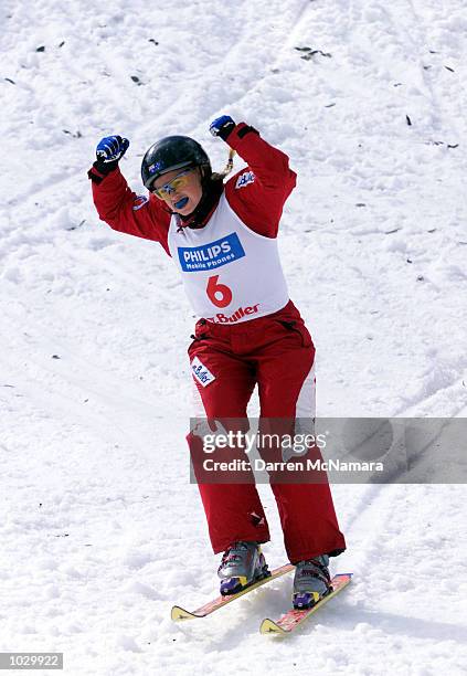 Alisa Camplin from Australia, celebrates after her jump, to finish in second place, in round 2 of the World Cup season, during the Philips Mobile...