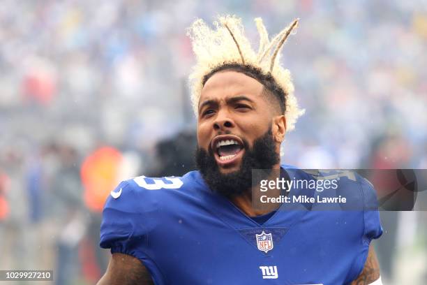 Odell Beckham Jr.#13 of the New York Giants cheers before the game against the Jacksonville Jaguars at MetLife Stadium on September 9, 2018 in East...