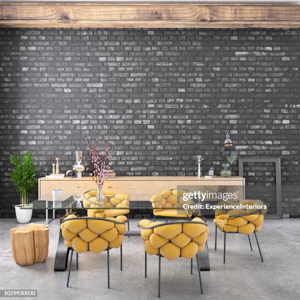 speisesaal im nordischen stil wohnung - table brick wall wood stock-fotos und bilder