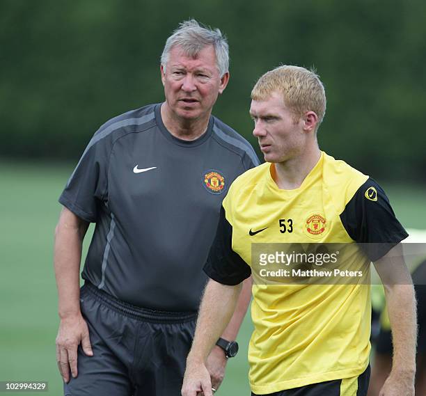 Sir Alex Ferguson and Paul Scholes of Manchester United in action during a First Team Training Session as part of their pre-season tour of the US,...