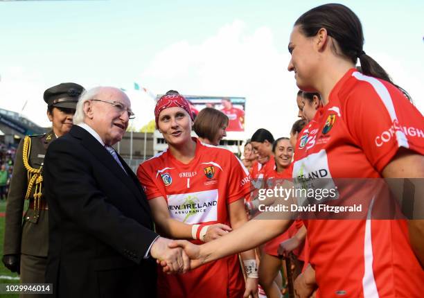 Dublin , Ireland - 9 September 2018; President Michael D. Higgins meets Hannah Looney of Cork prior to the Liberty Insurance All-Ireland Senior...